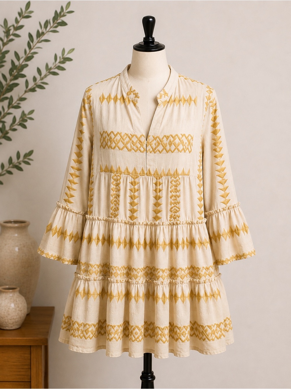 Cream Tunic Dress with Gold Geometric Embroidery